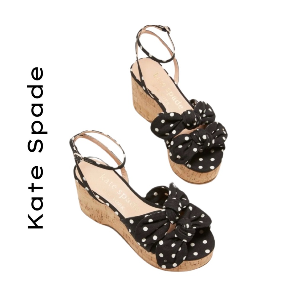 kate spade Black White Polka Dot Cork Platform Wedge Sandals